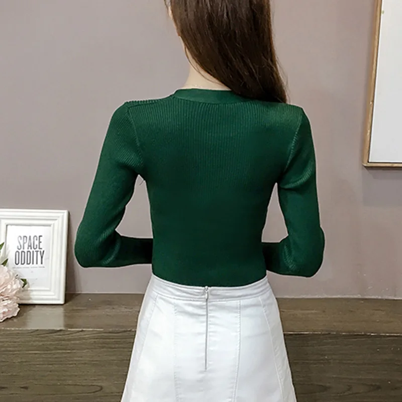 New Sweater Women Fashion Bow V neck Slim Knitted Pullover Temperament Female Solid Color Stretch Autumn Winter Bottoming Tops