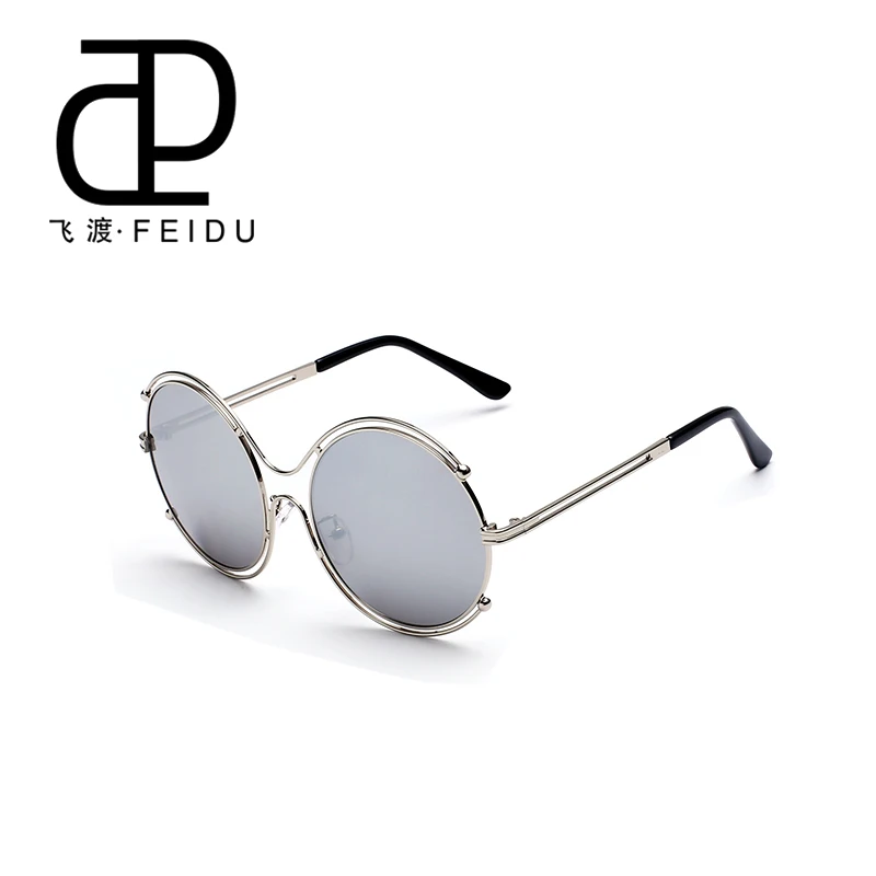 FEIDU брендовые Новые Металлические Круглые Солнцезащитные очки женские винтажные негабаритные круглая оправа солнцезащитные очки для женщин Oculos De Sol Feminino с коробкой - Цвет линз: Silver