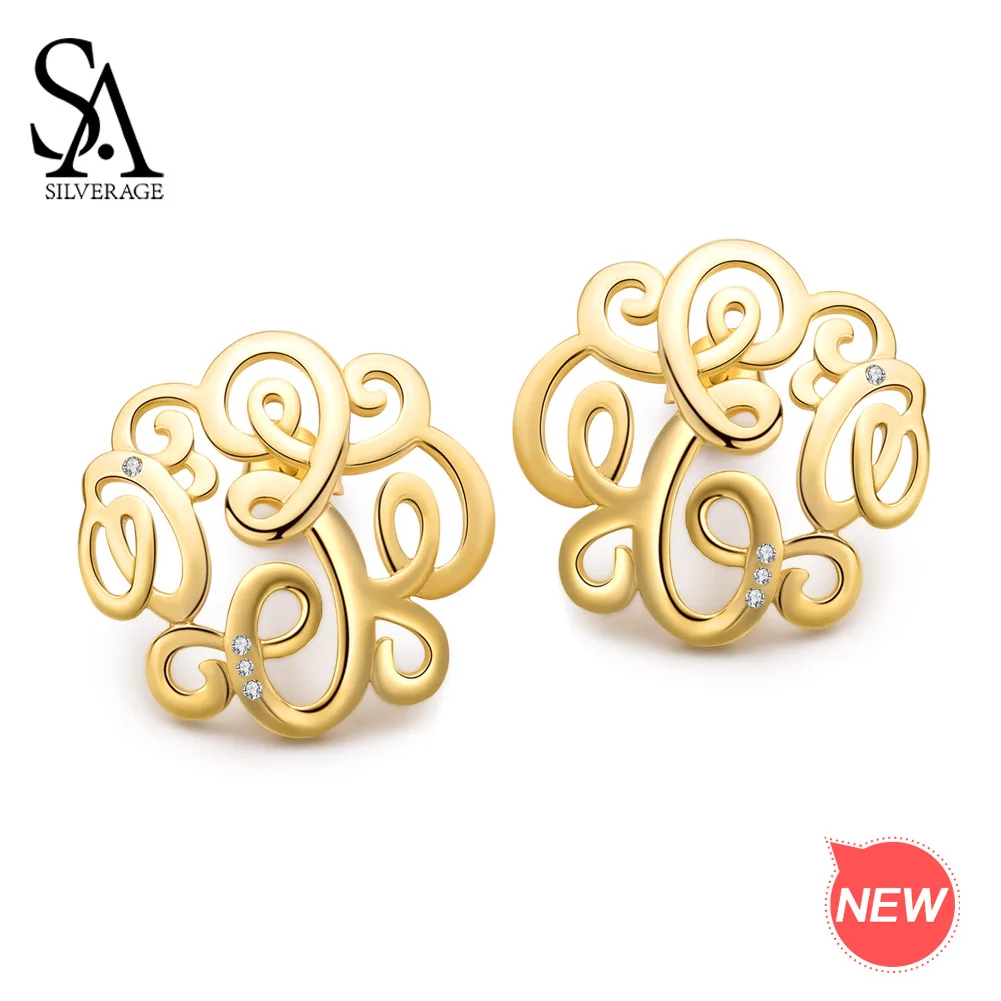 SA SILVERAGE 925 Silver Zirconia Goddess Earrings Gold Earring 925 Sterling Silver 14K Yellow Gold Plated Stud Earrings Woman