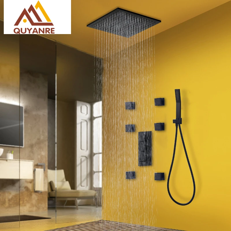 quyanre wanfan gappo black theromstatic shower faucets set brass rainfall shower head 3 handles thermostatic mixer tap 6pcs massaje spa jets handshower bathroom shower faucet