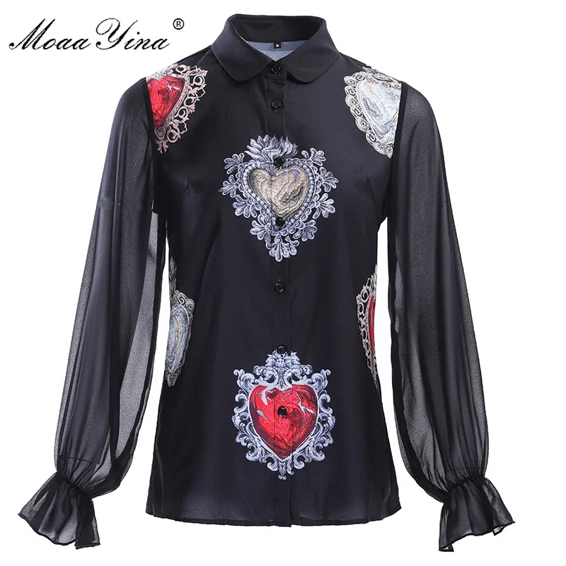 

MoaaYina Plus size 3XL Designern Shirt Tops Summer Women lantern Sleeve Heart-shaped Print Casual Elegant Black Blouse