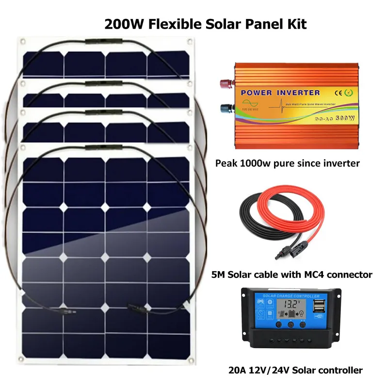 200 Вт комплекты солнечных панелей Off Grid System 4 шт 50 Гибкая солнечная панель с 20А Φ