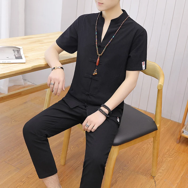 

Loldeal Short-sleeved Shirt + Nine Pants Men's Suit V-neck Casual Shorts Summer Button Chinese Linen Harajuku Set