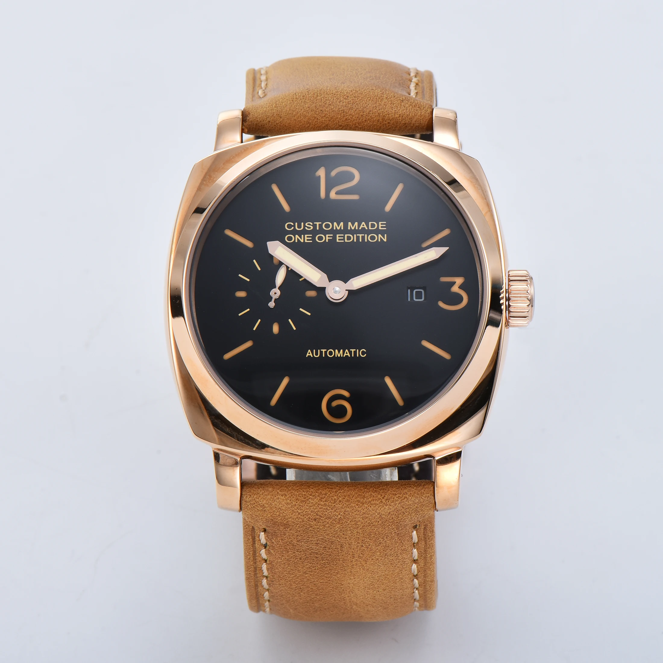 47 мм часы Автоматические parnis военный чехол из нержавеющей стали PVD золотой кожаный ремешок роскошные часы с черным циферблатом 05