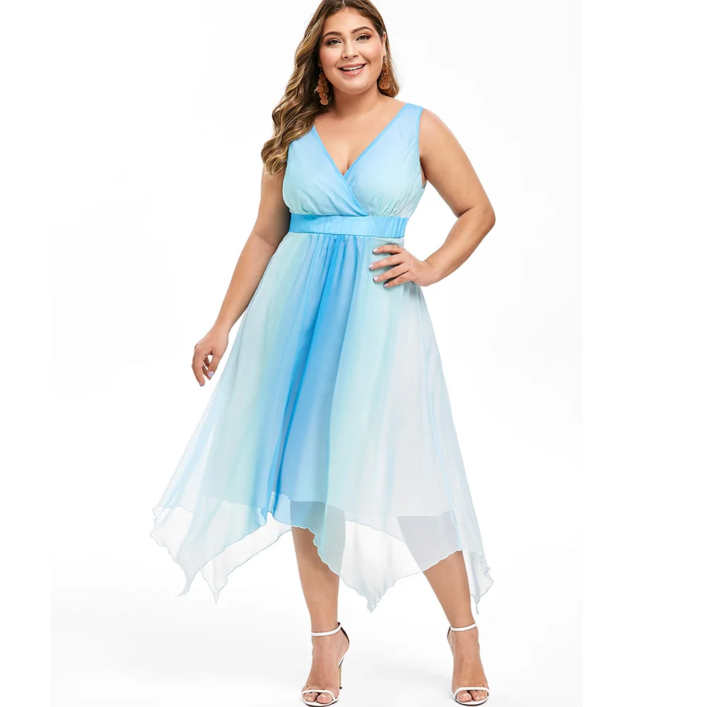 

Rosegal Plus Size Ombre Color Handkerchief Dress Sleeveless V-Neck Party Dress Asymmetrical Elegant High Waist Maxi Dress