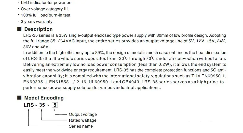 Meanwell 35W Single Output Switching Power Supply LRS-35.7