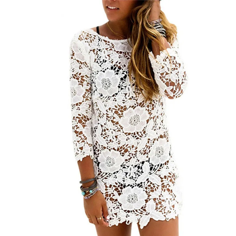 

Sexy Sarongs Saida De Praia Beach Cover Up Swimwear Women Swimsuit Hollow 2019 Summer Bikini Bordados White Lace Dress