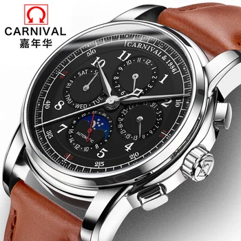 

Mechanical Watch Men Water Resistant Vintage Leather Strap Moon Phase Date Week Month Top Zegarki Meskie marque de luxe karneval