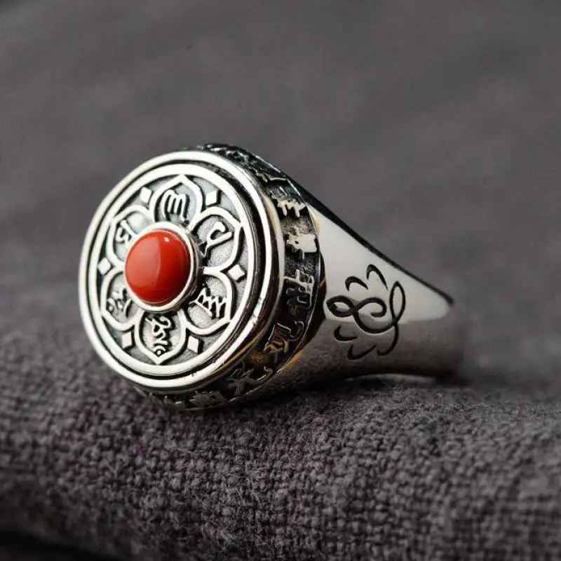 925 пробы серебряные кольца с лотосом для женщин и мужчин вращающийся натуральный камень инкрустированные шесть слов мантровые кольца буддийские ювелирные изделия