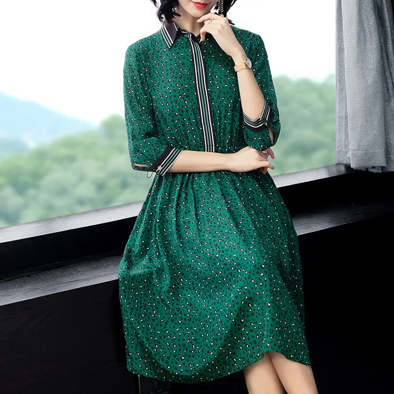 

High Quality Clothing 2019 Summer Women green Real Silk Printed Elegant Office Lady Three Quarter Sleeve Print Dress P8124