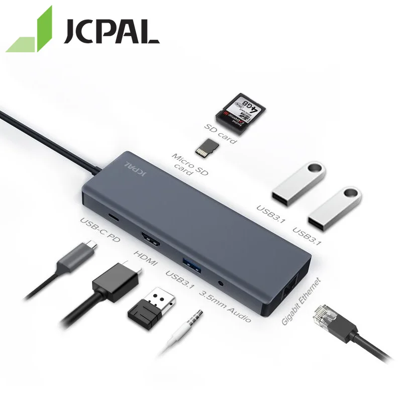 Jcpal USB C концентратор с HDMI 4 K PD зарядное устройство 60 Вт тип c для мульти 3 0 RJ45 5 мм