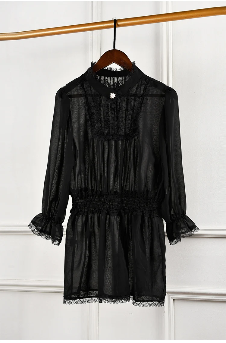 Цветной подиумный дизайнерский шикарный женский топ, весна, черная сексуальная перспективная кружевная блузка, элегантная плиссированная шифоновая блузка