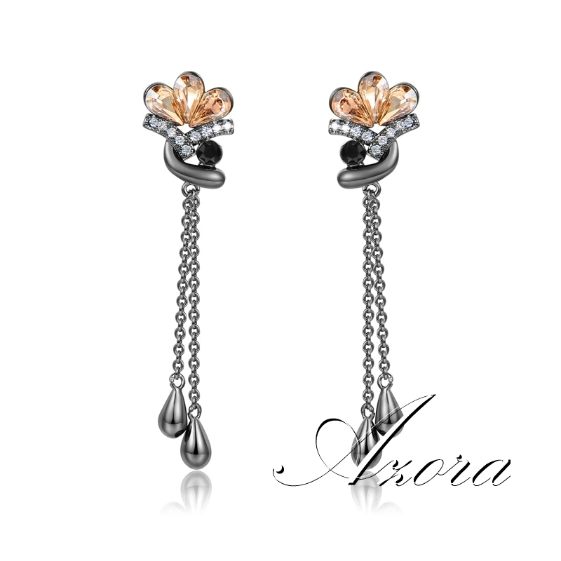 Серьги-капли в виде цветка AZORA для женщин, роскошные свадебные серьги цвета шампанского с австрийскими кристаллами, камень черного золота, ювелирные изделия в виде капли воды TE0368