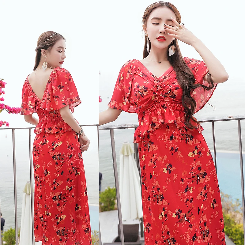 Spring Women dress Print Small Colorful Day Qiao Never Long Dresses Red 0152