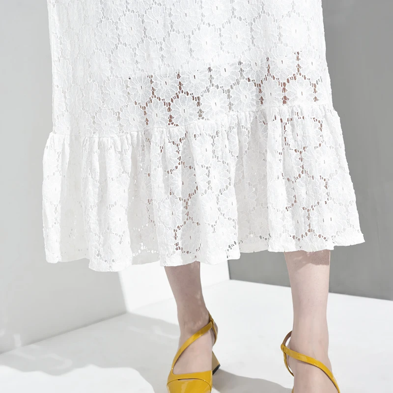 [EAM] New Spring Summer Round Neck Three-quarter Sleeve White Lace Split Joint Loose Big Size Dress Women Fashion JT0670