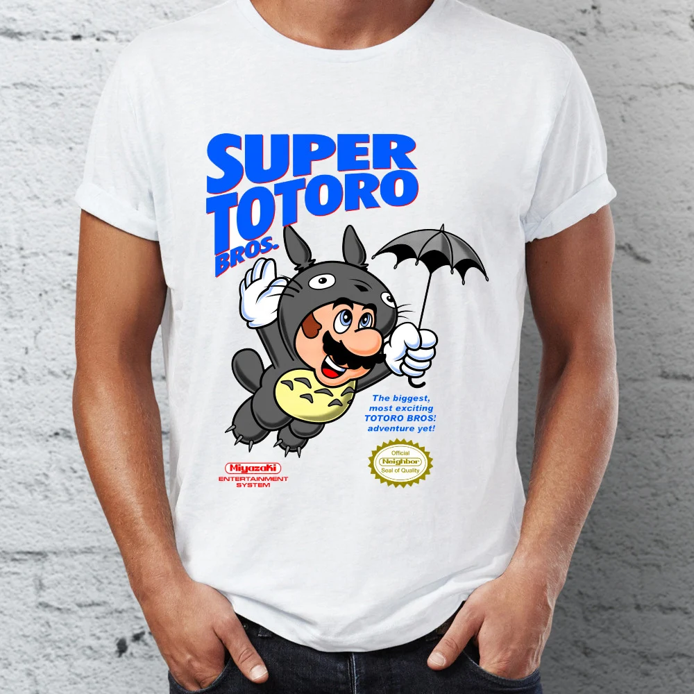 Men's T Shirt Super Totoro Raccoon Mario Meets My Neighbor Totoro Funny Crossover Gaming Tee