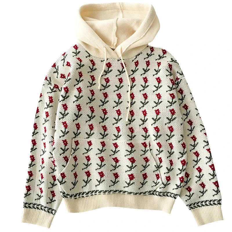 

2019 New Autumn Sweater Women Retro Small Red Flower Embroidered Sweater Loose Hooded Harajuku Flower Drawstring Thick Sweater