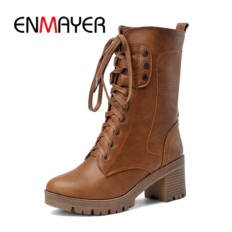 

ENMAYER New Arrival women Lace up round toe mid-calf boots lady square heel high heels Big size 34-43 ZYL304