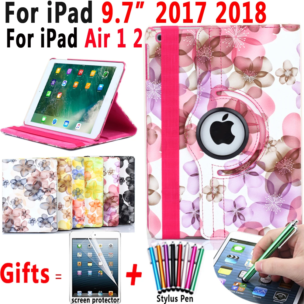 Цветок вращающийся чехол для iPad 9,7 5 5th Generation A1822 A1823 6 6th A1893 A1954 воздуха A1474 A1475 Air 2 крышка+ защитная пленка на экран+ подставка для ручек