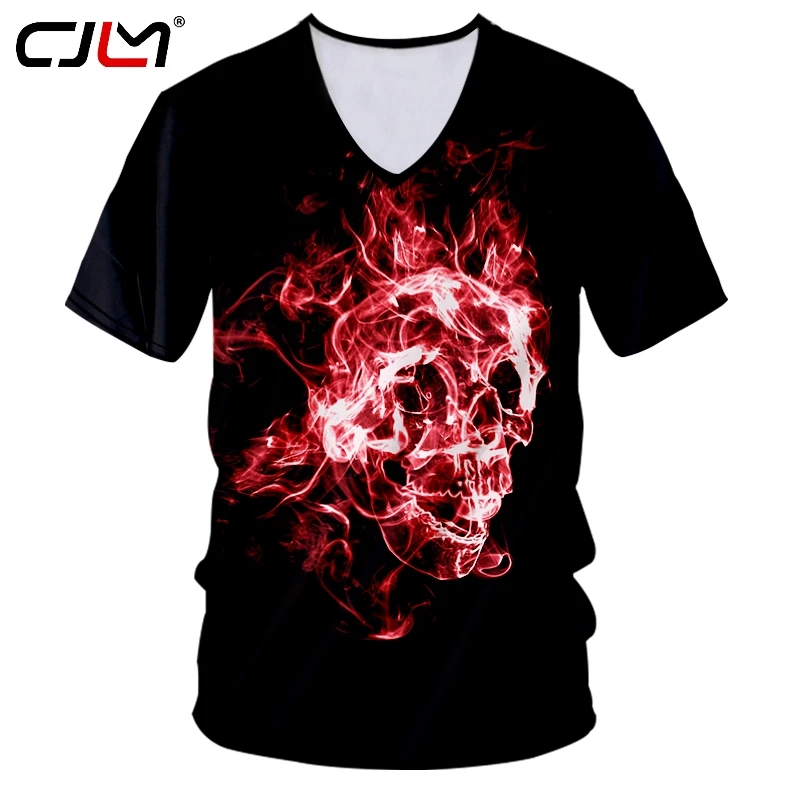 

CJLM Black Casual High Street Rock Man Tee Shirt Men's 3D Full Printed V Neck Tshirt New Flame Skulls Hip Hop T-shirt