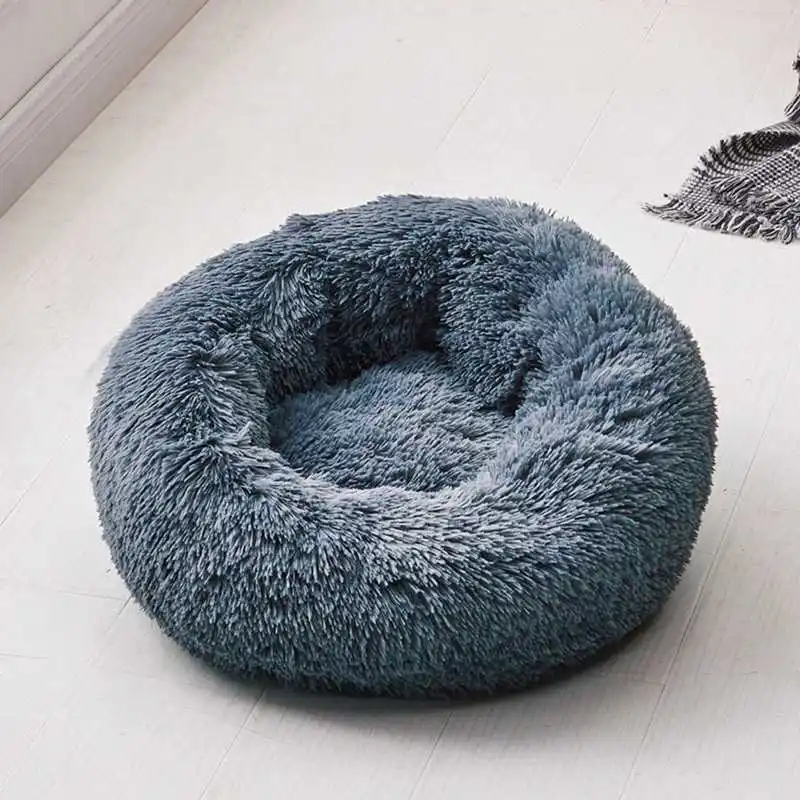 Искусственная меховая собачья кровать, теплая флисовая собачья кровать, Пончик, кошка, кровать, питомник для средних и мелких собак, самостоятельное согревание, домашняя круглая подушка, Cuddler - Цвет: Синий