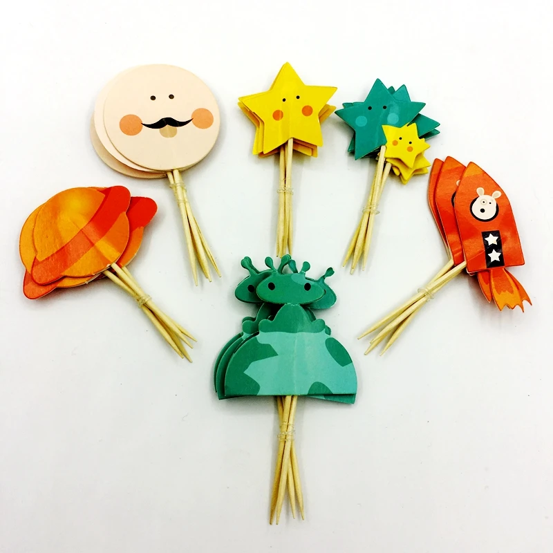 

24pcs Birthday Space Dog Cosmic Stars Spaceship Cupcake Topper pick kids Birthday Party Supplies Kids Favor Cake Decoration