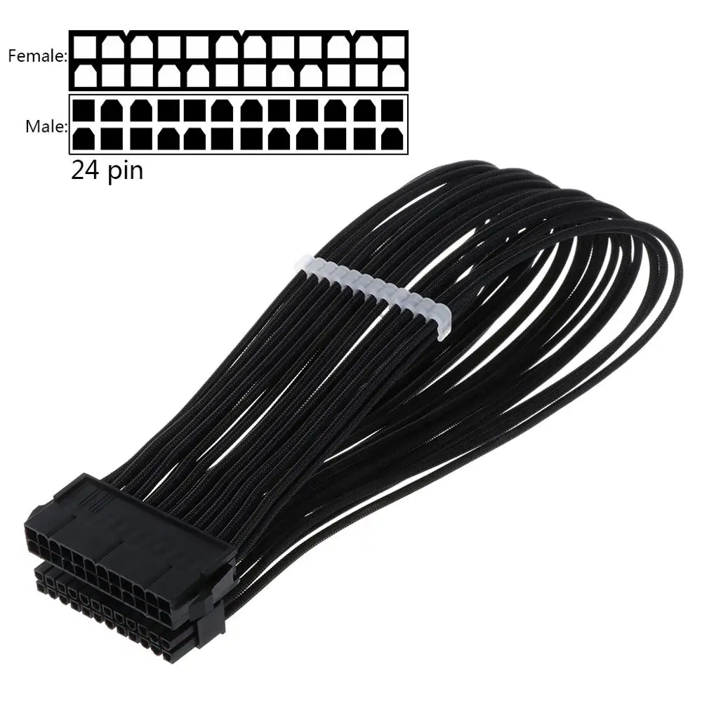 

30CM/40CM Black ATX 24 Pin Motherboard Cable Nylon Sleeved Power Supply Extension Cable Wire for PC Computer Accessories