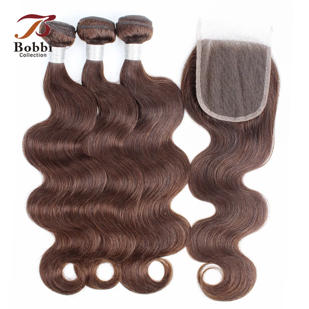BOBBI COLLECTION Color 4 Chocolate Brown Body Wave Hair 2/3 Bundles with Lace Closure Indian Remy Human Hair Weave Medium Brown