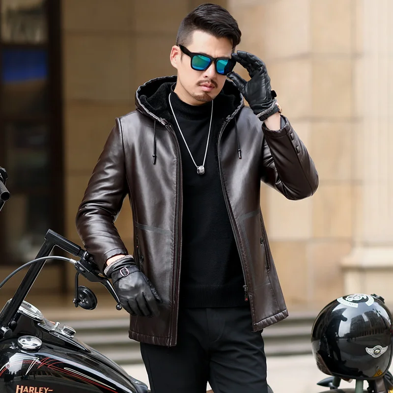 

New Men's Hooded Plus Velvet Thick Warm PU Leather Jacket