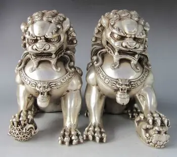 

Chinese old Tibetan silver carved pair foo dog lion statue