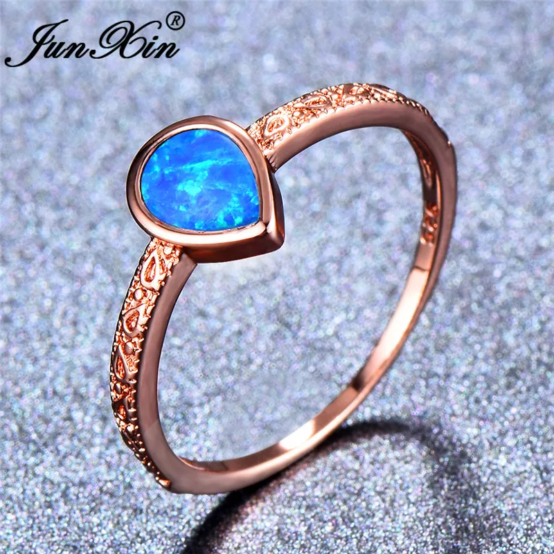 JUNXIN Винтаж капли воды камень фиолетовый/синий/белый огненный опал кольца для Для женщин Для мужчин Rose Gold Filled Радуга камень кольца ювелирные изделия