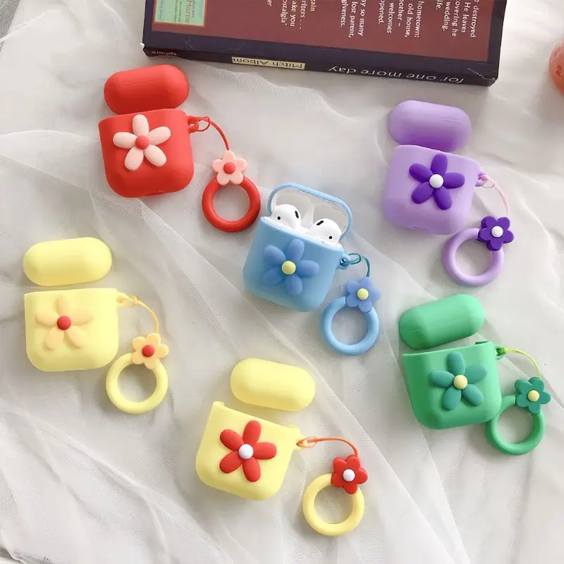 Elegant Flower Pattern Soft Silicone Protective Cover Shockproof Case Skin with Lanyard for Airpods 1/2 Charging Box Accessories