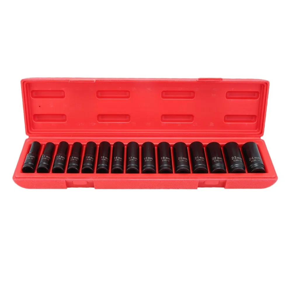 

15 PCS 1/2 Inch Drive 6 Point Impact Socket Set Chrome Vanadium Steel Metric Tools Garage Workshop Hand Tool Sets
