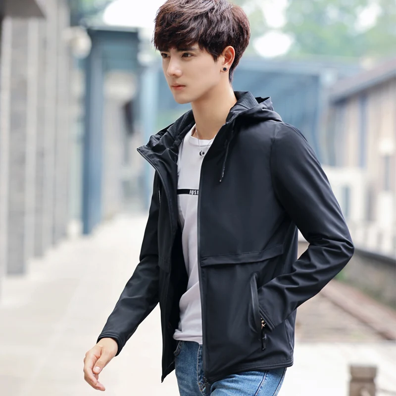 2019 men casual jacket spring Autumn hooded coat trend zipper Solid color outerwear 1826 | Мужская одежда
