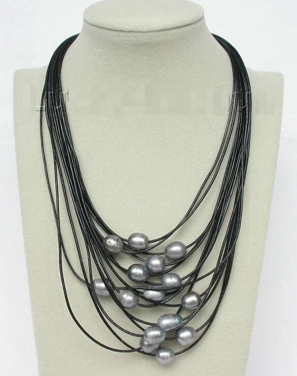 

FREE shipping> >>>17"-24" 15row 14mm Gray pearls leather necklace magnet clasp j8801