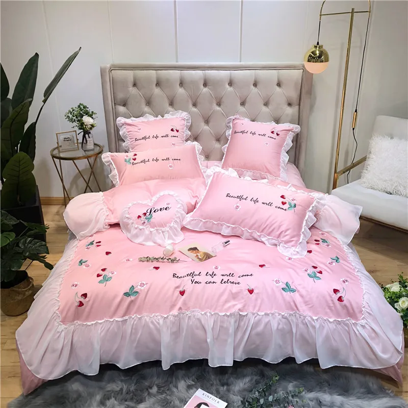 Little Daisy embroidery Bedding Sets girls Beddingset egyptian cotton Bed Linen Duvet Cover Bed Sheet Pillowcase/bed Sets 4/7pcs - Цвет: 5