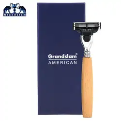 Grandslam 3 слоя Безопасная бритва для бритья с деревянной ручкой из натуральной кожи Портативный дорожная Бритва держатель чехол защитный