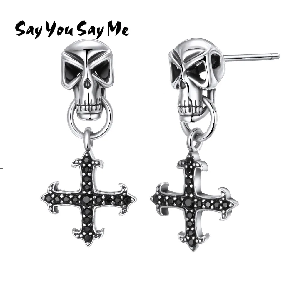 

Say You Say Me 925 Sterling Skull Earrings Wholesale Fashion Black Zircon Cross Earrings Unisex Best Gifts 2018 New Arrival