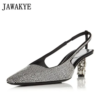 

2019 luxurious rhinestone studded crystal high heels sandals women square closed toe slingbacks summer runway party shoes woman