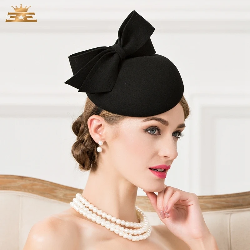 Online Della signora Cappelli stile Fedora e borsalino Cappello Di Lana Vintage Nero di Lana Cappellino a tamburello Festa di Nozze Fascinator Cappelli per Le Donne Chapeau Pour Mariage Cap B 7536