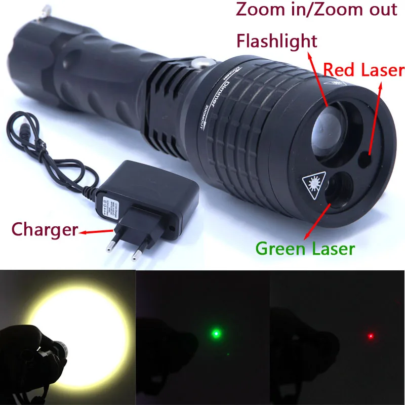 

2016 New 3 in 1 flashlight red Green Laser Flashlight Pointer light Tactical Hunting Adjustable flash light lazer Lantern