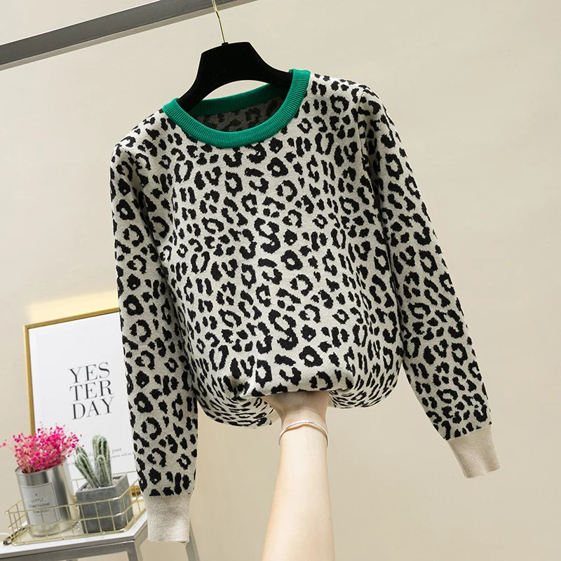 

MUMUZI crewneck sweater women pullover leopard knitted sweaters 2019 winter fashion long sleeve casual hit color jumpers