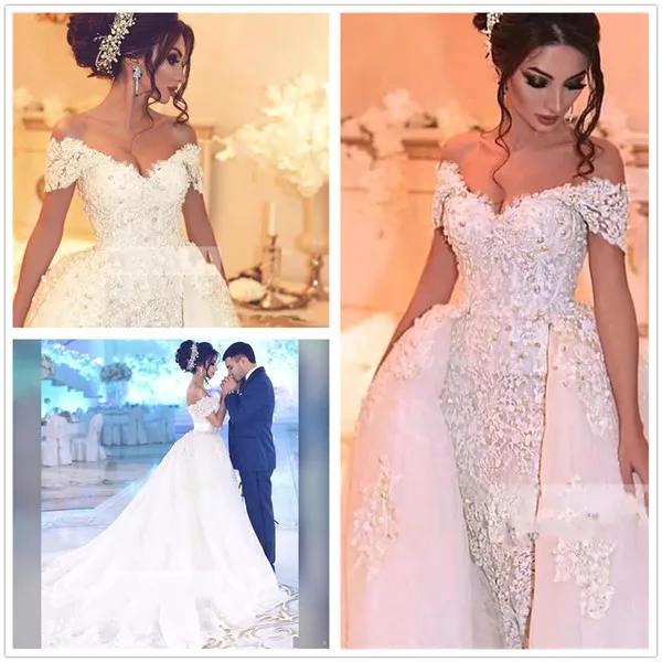 2018 New Gorgeous Off the Shoulder Lace Wedding Dresses Crystals Beaded Bridal Gowns Lace Appliques Tulle Overskirts Wedding Dresses BA7746