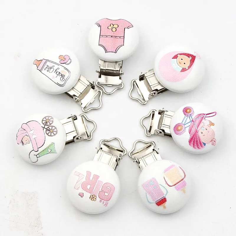 

10pcs/lot Cute Cartoon Baby Pattern Pacifier Clasps for Baby Wooden Funny Pacifier Holder