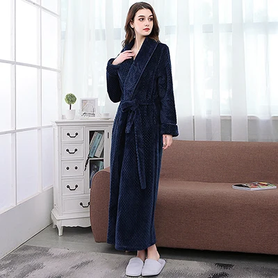 Men Women Winter Extra Long Thicken Grid Flannel Warm Bath Robe Luxury Soft Thermal Bathrobe Mens Dressing Gown Male Sexy Robes - Цвет: Navy Women