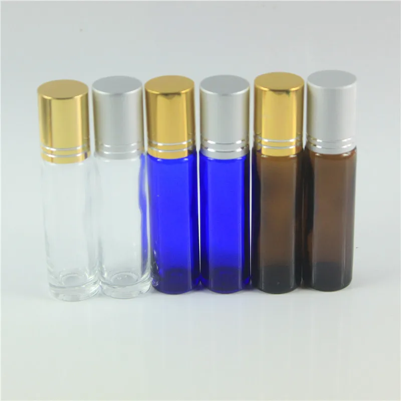 

24pcs/lot 10ml (1/3 OZ) Thick Amber Clear Blue Glass Roll On Essential Oil Empty Perfume Bottle 10cc Stainless Glass Roller Bal