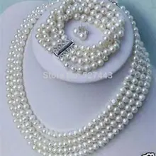 Прекрасный хороший свадебных украшений 4 ряда(ов) 5- 6 мм белый культивированный жемчуг серьги ожерелье браслет женщина слово