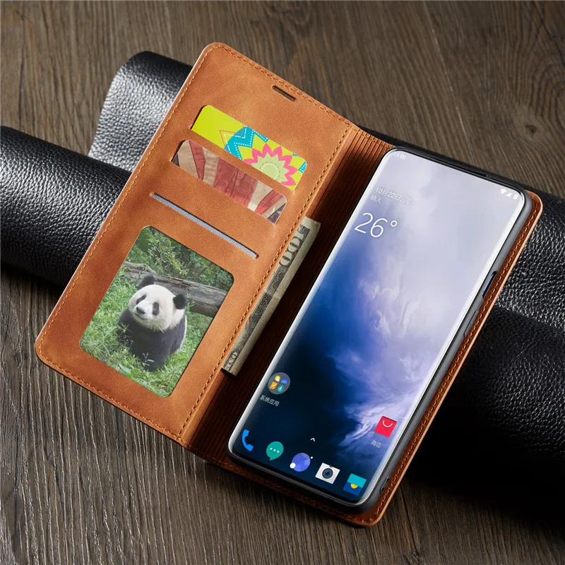 Магнитный чехол для Oneplus 7 Pro роскошный кожаный книжка 1 + держатель карт подставка