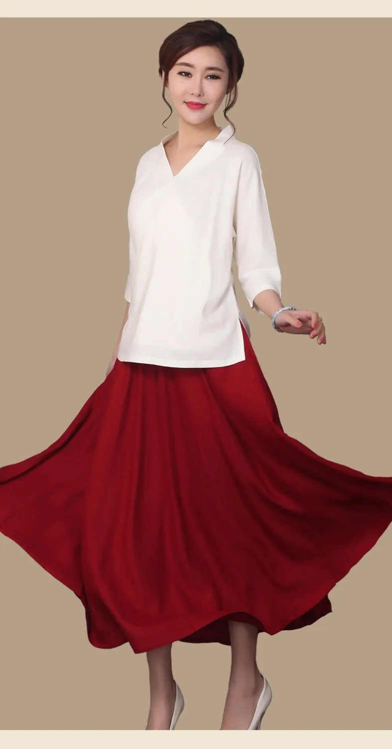 Белая блуза в китайском стиле с v-образным вырезом, Женская хлопковая льняная Повседневная рубашка, весна-осень, новая женская одежда, Размеры s m l xl XXL XL091