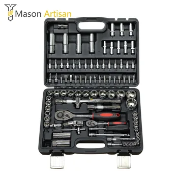 Best 94Pcs Ratchet Auto Repairing Tool Kit 1/4 1/2 Ratchet Wrench Set Screwdriver Bit Set Cr-V Socket Drive Hand Tool Set